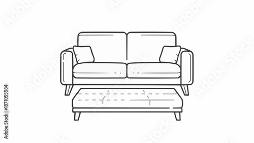 Modern minimalist sofa and ottoman furniture illustration.