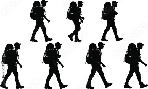 Hiker walking silhouette set, backpack traveler man poses, outdoor adventure trekking concept, black shadow figures isolated on white
