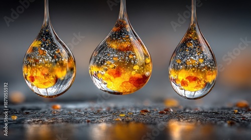 Three transparent droplets, each containing fiery, textured elements, hang over a dark, textured surface