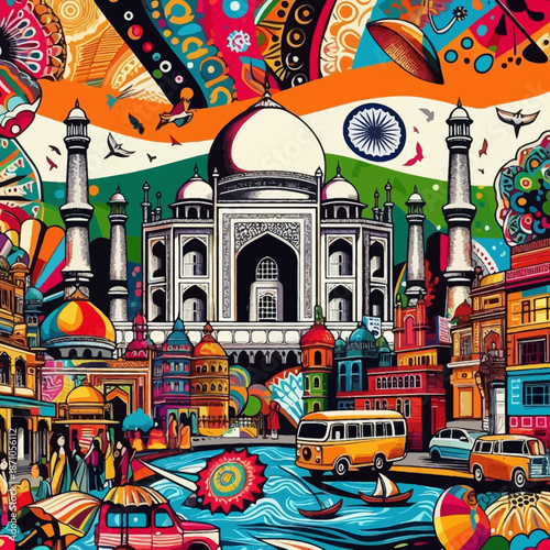 Vibrant, psychedelic collage of India: the Taj Mahal sits amidst glowing lotuses, royal peacocks, and intricate mandalas. It’s a rich tapestry of red and gold celebrating Indian heritage and art.