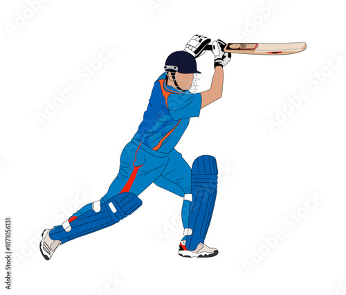 Illustration of a professional cricket batsman playing an attacking shot. Generic sports artwork suitable for cricket themes, training, competition, and athletic concepts.