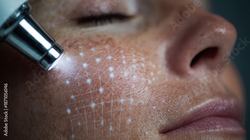 -Macro view of fractional CO2 laser skin resurfacing pattern on female cheek.
