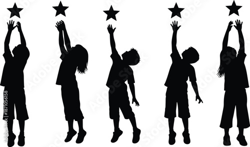 Children reaching for stars silhouette set, kids jumping and stretching poses, childhood dream concept, black shadow figures isolated on white