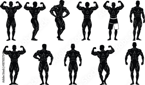 Silhouettes of muscular male bodybuilders flexing in classic competition poses, showcasing strength, fitness, anatomy, and physique in sports illustration