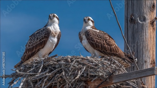 Two raptors with striking eye markings, perched in a nest on a utility pole