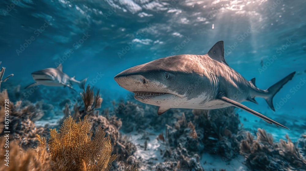 Fototapeta premium Underwater shot of two sharks swimming over a coral reef, sun rays filtering down