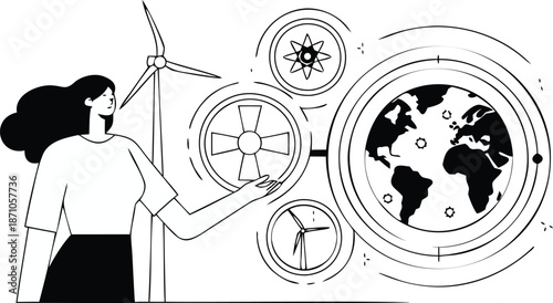 A woman interacts with eco friendly technology and global sustainability concepts with renewable