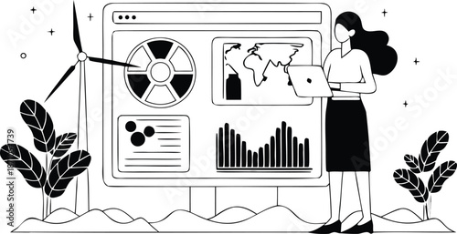 A woman analyzes renewable energy data on a large computer screen with wind turbine and plants around her