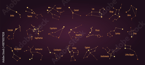 Set of zodiac constellation golden sign. Astrology vector illustration
