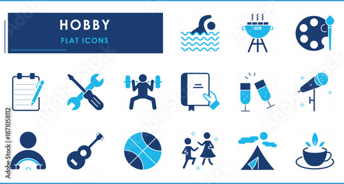 A set of flat icons related to Hobby. Leasure, work, swim, book, music, dance, camping, cooking, repair, paint, and so on.