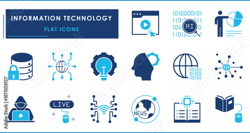A set of flat icons related to Information Technology. IT, connect, digital, circuit, security, computing, worldwide, networking, coding, developing, and so on.