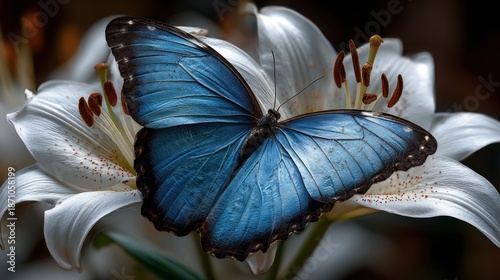 Vibrant blue butterfly with detailed wings rests on a pristine white lily