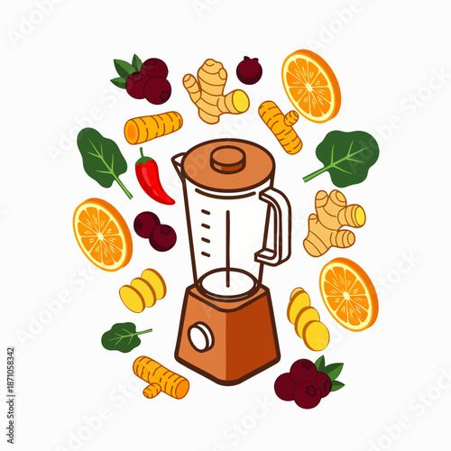Isometric illustration of a blender surrounded by fresh, healthy ingredients like fruits, vegetables, and spices, perfect for making nutritious smoothies and juices.