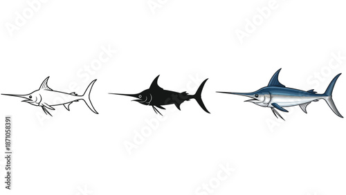 Collection of three swordfish illustrations outline drawing, silhouette and colored realistic depiction