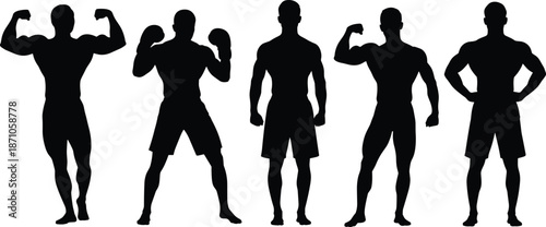 Silhouettes of muscular male bodybuilders flexing in classic competition poses, showcasing strength, fitness, anatomy, and physique for sports illustration