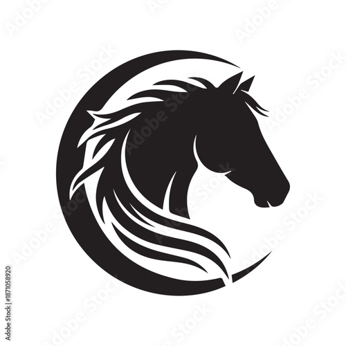 Stylized black stallion profile illustration inside a circular frame.