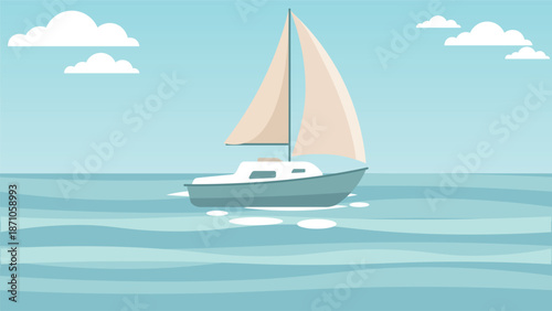 Clean flat sailboat illustration floating on calm blue ocean under soft clouds perfect for travel marine leisure summer posters websites and peaceful nature concepts design use ads