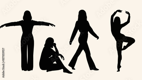 Silhouettes of women in various poses and activities.