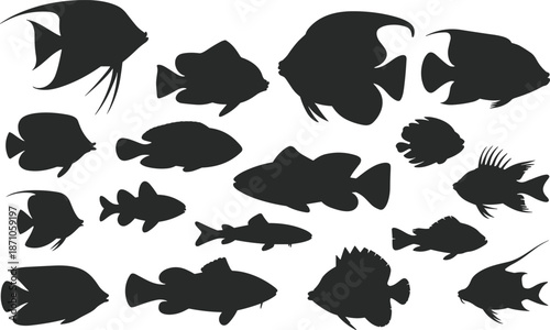 Collection of tropical fish silhouettes, aquarium fish icons, marine life symbols, underwater sea creatures for biology, nature, and graphic design