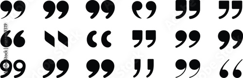 Collection of various black quotation marks icons, punctuation symbols, speech marks, typographic elements, vector graphics, quote designs, text symbols, marks set