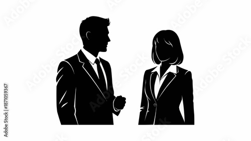 Silhouette of a man and woman in business attire facing each other.