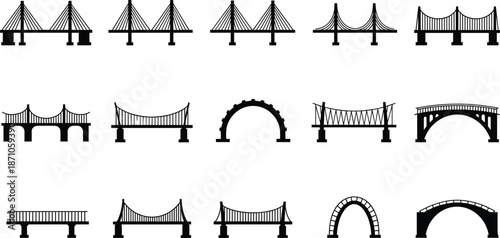 Collection of various bridge silhouette icons, including suspension, arch, cable-stayed, and beam designs, perfect for construction, architecture, and cityscape projects.