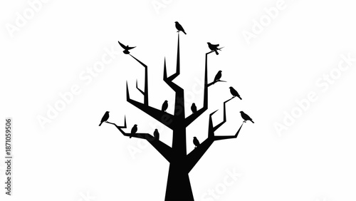 Silhouette of a bare tree with many birds perched on its branches.