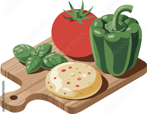 Fresh vegetables and herbs on wooden cutting board, including tomato, green bell pepper, basil leaves, and seasoned flatbread flat vector illustration