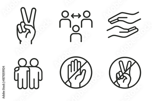 Set of minimalist icons: peace gesture, interaction, open hands, friendship, forbidden signs