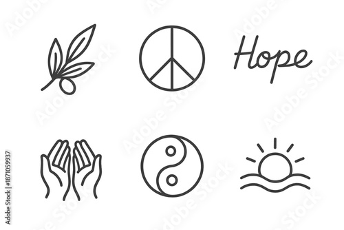 Symbols of peace, hope, and harmony: olive branch, peace sign, hope, prayer hands, yin yang, sunrise