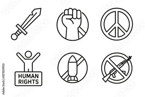 Line icons of sword, fist, peace, human rights, rocket, gun prohibition