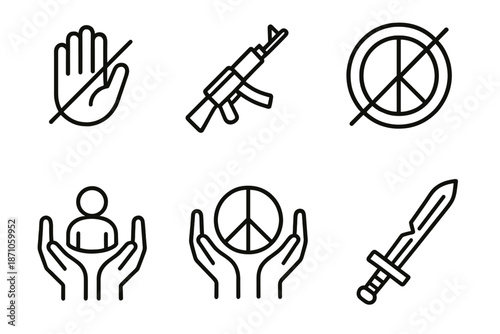 Black and white anti-war symbols: peace, weapons, and protection icons