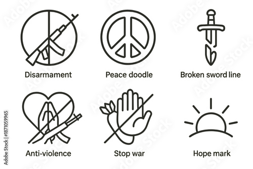 Symbols of peace and anti-violence: disarmament, peace, anti-violence, stop war, hope