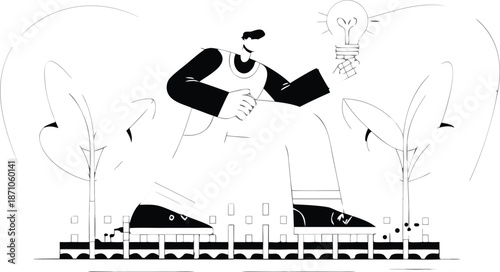 Man in apron standing on train tracks with lightbulb and cityscape background with creative