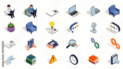Isometric icons set for education, online learning, business, and technology. Collection of 3D illustrations for web design, apps, and digital projects.