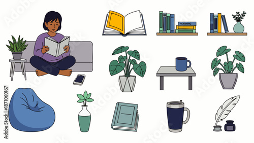 Cozy Home Reading and Relaxation Vector Set. Woman on sofa with book, surrounded by plants, bookshelves, and comfort items. Ideal for lifestyle, education, and leisure.