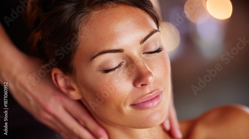 Woman enjoys a neck massage with eyes closed, soft lighting, and focused on her face