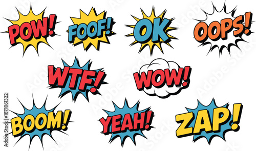 Comic book expression words, colorful pop art text design, retro cartoon bubble set, fun sound effects, bold comic illustrations