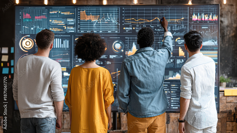 Fototapeta premium A diverse group of individuals analyzing data displayed on a large screen, focusing on graphs and statistics in a modern workspace.