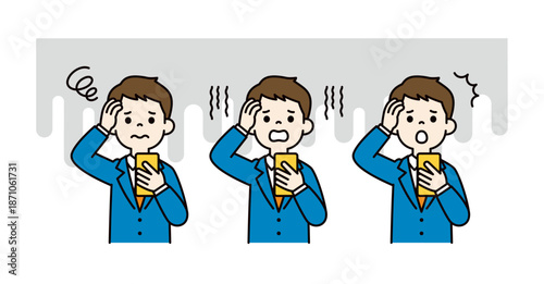 スマートフォンを見て困った表情をする若いビジネスマンのベクターイラスト素材セット＿カラー