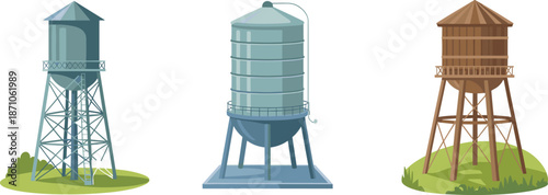 Set of Vintage and Modern Water Towers on Grass Landscape - Industrial Storage Tanks Illustration for Infrastructure, Farming, and Utility Concepts





flat vector illustration