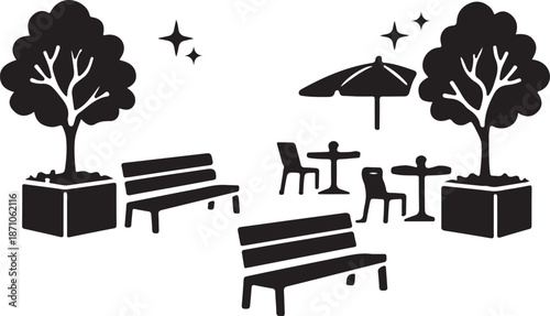 Peaceful park scene with benches and tables isolated on white background, Vector, illustration