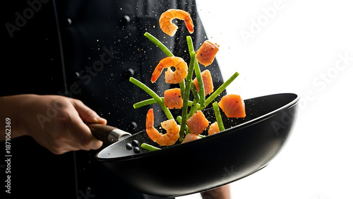 Chef expertly tosses shrimp and vegetables in wok for a delicious meal