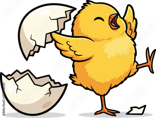 Cute cartoon chick hatching from eggshell.