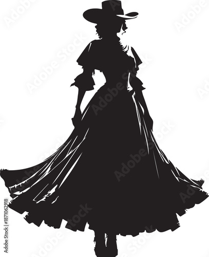 Elegant silhouette of a woman in striking 1800s cowboy fashion, featuring a distinct wide-brimmed hat and a voluminous, flowing dress.