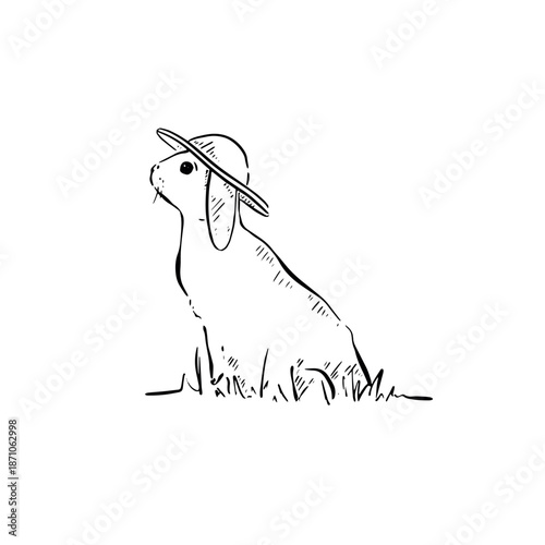 Side profile rabbit in a floppy bonnet hat. Alice in Wonderland style. Hand drawn vector clip art of an animal. Bunny rabbit in the grass.