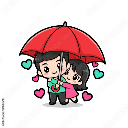 Cute cartoon couple embracing under a red umbrella, sharing love and protection on a romantic day illustration