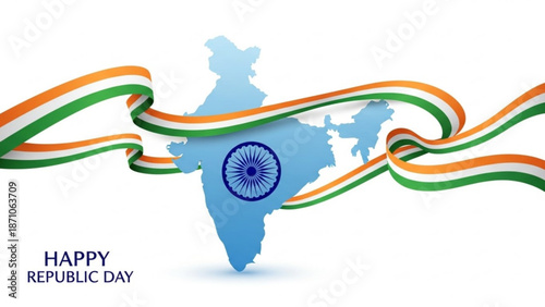 Indian republic day celebration with tricolor ribbon and map on white background with National Flag and Patriotism and Independence and Nationalism