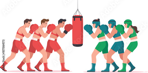 Group Boxing Training Session with Men and Women Sparring Against Punching Bag in Gym - Fitness, Strength, Endurance, Teamwork, Sport, Exercise, Workout flat vector illustration