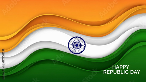 Vibrant wavy indian flag with happy republic day text in white on green orange and white background with national flag and celebration and nationalism
